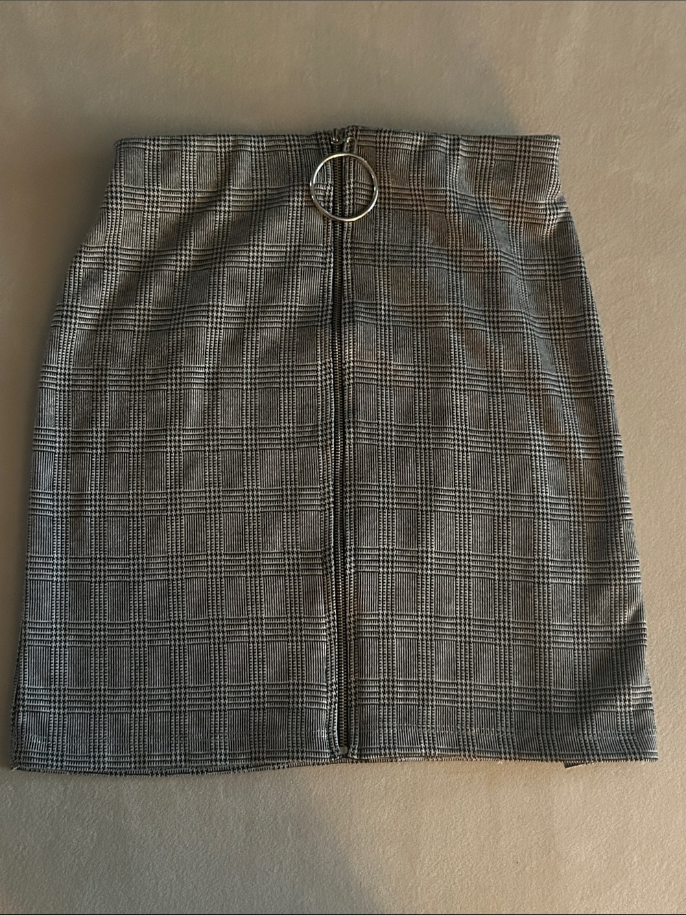 Gray Plaid Mini Skirt with Front Ring Zip